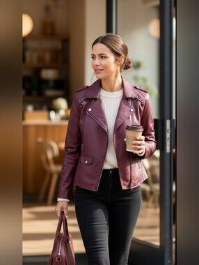 "Love Star" Women's Size XL Burgundy Faux Leather Zip Pockets Short Jacket Coat.